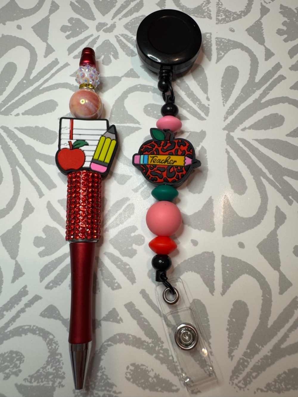 Teacher Apple Pink and Red Beaded Badge Reel & Pen Set